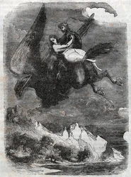 Roger (Ruggero, Ruggiero) og Angelique (Angelica) på flodhesten - gravering fra 1851 fra "" Roland furieux"" (1500-tallet) av Ludovico Ariosto, kjent som Ariosto - Utgave oversatt fra italiensk av greven av Tressan og publiserer