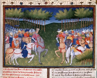 Roman av Ogier den danske: kampen mellom to miniatyrryttere fra "" Chronicle of Bertrand du Guesclin"" (Ms 490) 1405 Musee Conde, Chantilly