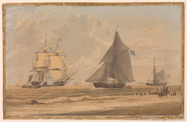 Seilskip fra Royal Navy ved kysten, tidlig på 1800-tallet (akvarell)