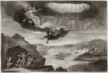Royaumont Bibelen, Det nye testamente: Åpenbaringens femte og sjette trompet. Gresshoppene og de fire englene. Illustrasjon fra 1811.