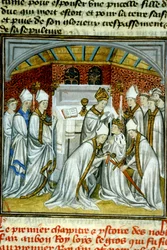Kroningen av Ludvig VI (1108) - Illuminasjon fra middelaldermanuskriptet på pergament «De store krønikene fra Saint-Denis», slutten av 1300-tallet (ref. 512)