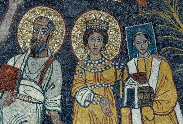 Saint Paul, Saint Cecile og Saint Pascal Detalj av Kristus og seks helgener. Anonym mosaikk, 821. Roma Basilica di Santa Cecilia in Trastevere