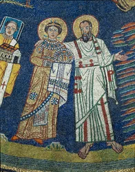 Saint Praxede (Prassede) og Saint Paul Detail. Anonym mosaikk rundt 830. Triumfbuen til basilikaen Santa Prassede, Roma