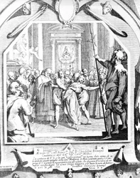 Scene med eksorcisme av en kvinne besatt ved bruk av Madonna av Monsummano i 1630.