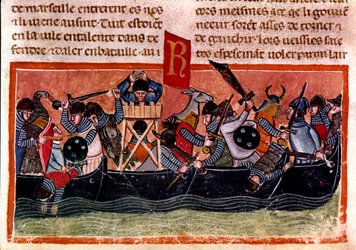 Scene av sjøslag Miniatyr fra en fransk kodeks på pergament "Fakta om romerne"" som forteller den eldgamle historien frem til Jules Cesar (101 f.Kr.-44 f.Kr.). Venezia fra 1200-tallet, biblioteca Marciana