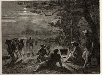 Scene for resten av landet, i måneskinn, er matter reist på bakken etter arbeidsdagen. Gravering for å illustrere reisen til Japan i 1863-1864, av Aime Humbert, minister for det sveitsiske konføderasjonen, i «Le tour du monde, nouveau journal des