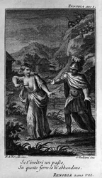 Scene av første akt av "" Zenobia"" (Zenobie), opera av komponisten Niccolo Vito Piccinni (eller Piccini) (1728-1800) (1756) etter en libretto av Pietro Metastasio (Metastase). Gravering fra slutten av 1700-tallet