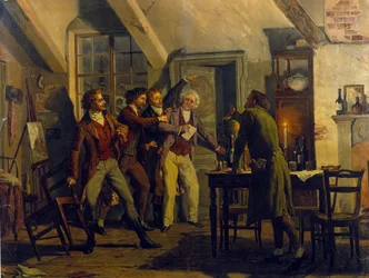 Scenografi av Luigi Morgari (født i 1857) for operaen "La Boheme" av Giacomo Puccini (1858-1924) 1800-tallet