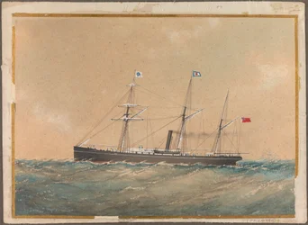 Skruedampskip som fører Satsuma-flagg, sannsynligvis #39;Lotus#39;, tidlig på 1800-tallet (akvarell)
