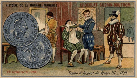 Serien History of the French Currency utgitt av Chocolat Guérin Boutron. 1800-talls kromolitografi. Sølvteston av Henry III. 1574