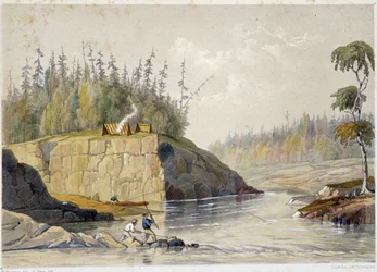 Nybyggere i Canada som fisker i en elv - i "" Skisser på nipisaguit en elv i New Brunswick i Amerika"" av William Hickman, red. Halifax