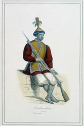 Soldat of cochinchinean armor - i "The different peoples of the earth"" av abbed Paul Jonhanneaud, Librairie des Bons livres