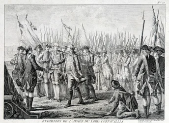 Overgivelse av den britiske hæren til Lord Cornwallis (1738 - 1805) til Amerika 19. oktober 1781.