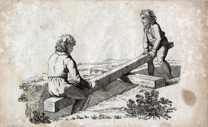 Swing: two children on a butt tape (butt tape) Engraving late 18th century. Private collection.