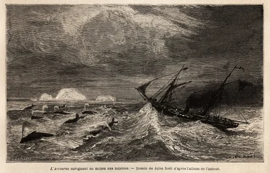 Arcturus, et dansk linjeskip som betjener mellom København og Island, som forfatteren legger ut på for å nå Reykjavik, og seiler blant hvalene. Gravering for å illustrere reisen på Island, historie av Noel Nougaret, i 1866, publisert i "" Le tour du monde,