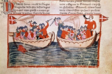 Slaget ved Meloria som kulminerer med okkupasjonen av Korsika av Genova. 1284. Manuskript. Biblioteca Vaticana