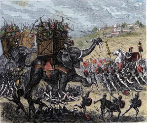 Slaget ved Zama (Afrika, den andre punerkrigen, 202 f.Kr.), vunnet av Scipio Africanus over Hannibal Barcas tropper.