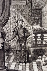 Den kinesiske keiseren og øverste hersker over tartarene - Kinesisk keiser Kangxi (1652-1722) Qing-dynastiet, gravering av Athanasius Kircher (1601-1680) fra "" China Monumentis, qua sacris qua profanis""" 1667 - Kinesisk keiser (1