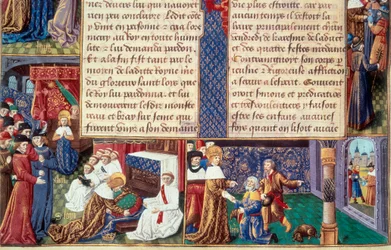 De kristne dydene (som fromhet og hengivenhet) til kong Ludvig IX (1214-1270) (Saint Louis): til venstre omfavner kongen krusifikset, til høyre mottar han det gamle fjellet. Miniatyr fra et manuskript "The Book of Facts Monsignor Saint Louis"" 15t
