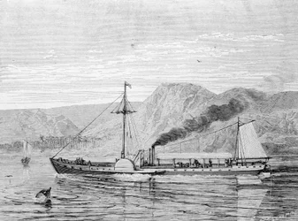 The Clermont, en båt bygget i 1807 av Robert Fulton (1765 - 1815) for å gi forbindelsen New York - Albany på Hudson River. Gravering 1800-tallet.