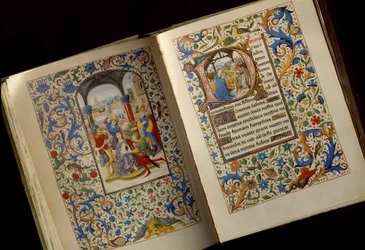 Tornekroningen. Dobbeltside i et åpent manuskript av «Maria av Burgunds tidebok (1457-1482)» (Cod. 1857), sent 1400-tall, Det østerrikske nasjonalbiblioteket, Wien