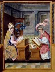 The Eveque of Jerusalem Saint Cyril (315-386) og Saint Augustine (354-430) Miniatyr på pergament fra 1500-tallet. Ecouen, Nasjonalt renessansemuseum