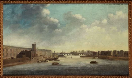 Grande Galerie du Louvre, med Porte Neuve, Pont-Neuf, Cité, Tour de Nesle og Quai Malaquais, rundt 1640, mellom 1635 og 1645 (olje på lerret)