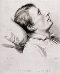 Den italienske poeten Giacomo Leopardi (1798-1837) på dødsleiet. Gravering av 1800-tallet