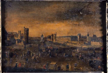 Pont-Neuf, sett fra inngangen til Place Dauphine, Hôtel de Nevers, Tour de Nesle, Grande Galerie, med Porte Neuve, og Louvre, ca. 1640, dagens 1. og 6. arrondissement, mellom 1635 og 1645 (olje på lerret)