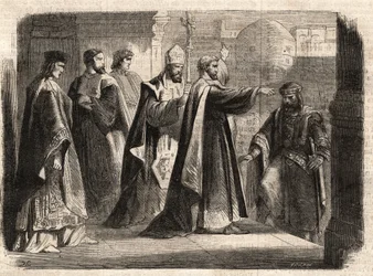 Erkebiskopen Saint Ambrosius av Milano (Aurelius Ambrosius, Ambrogio di Milano (340-397) forbød inngangen til kirken til den romerske keiseren Theodosius I (Flavius Theodosius) (347-395) for å straffe ham for massakren i Thessalonica i 390 - Excommunicati