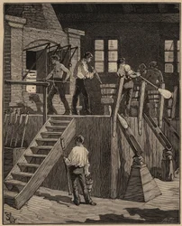Glasskunsten: glassarbeidere som produserer glass etter den franske metoden. Gravering fra 1885 i "" Les arts et metiers illustres"" av Adolphe BITARD.