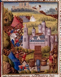 Angrepet på en miniatyrby hentet fra "" romersk historie"" (Ad urbe condita) av Tite Live (59 f.Kr.-17 e.Kr.) (Titus Livius), oversatt av Pierre Bressuire (ms. 310) 1450-1500 Chantilly, Musee Conde