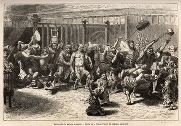 Bryggernes bacchanal, på nyttårsaften, etter å ha mottatt lønn og festoye, går de inn i en gledelig og støyende prosesjon i Edo (dagens Tokyo), utstyrt med en enorm sakevask og en lang støvsuger for å skyve taket , prinsen av d
