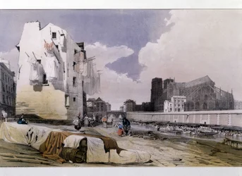 Bredden av Seinen og Notre Dame de Paris - litografi