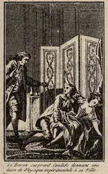 The baron surprises Candide giving a lesson in experimental physics to his daughter Frontispice for “” Candide”” by Francois Marie Arouet dit Voltaire.
