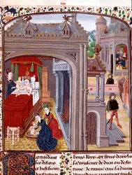 Fødselen til Alexander den store (356-323 f.Kr.), sønn av Olympias og Nectanebo II Miniature hentet fra "" History of Alexander the Great"" av QuinteCurce (Quintus Curtius Rufus) (1. århundre e.Kr.) 1400-tallet Chantilly, museum Conde
