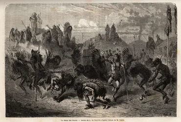 Bisondansen utført av krigerne i Mandans-indianerne (eller noumah ka kie: fasaner) på venstre bredd av Missouri. Gravering for å illustrere en ekskursjon blant indianerstammene i bassengene i Colombia og Upper Missouri, av G. Catlin, i 1855, s.