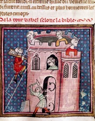 Byggingen av Babelstårnet Detalj av en opplyst side av manuskriptet "Bible Historiale"" av Guiart Des Moulins kommunale bibliotek fra 1300-tallet Troyes