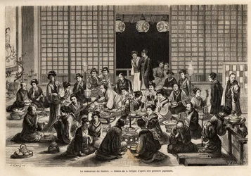Spisesalen til Yokohama Theatre er permanent fylt, selv under forestillingen. Gravering for å illustrere reisen til Japan, av Aime Humbert, minister for det sveitsiske konføderasjonen, i 1863-1864, publisert i "" le tour du monde", under den alvorlige