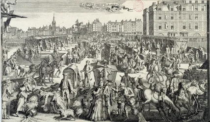 Forlegenheten til Pont Neuf i Paris. Illustrasjon av trafikk og trafikkork i gatene i Paris på 1700-tallet. Gravering fra 1710. Paris, Musee Carnavalet