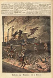 Eksplosjonen av "Petrolea", en engelsk dampbåt som frakter olje, i Blaye, på Gironde. Gravering i "" Le petit journal"" 4/06/1892. Selvas samling.