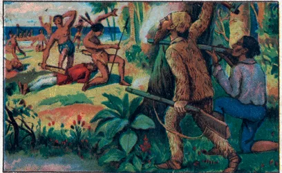 Kampen med villmennene. Illustrasjon for boken til Daniel Defoe (Defoe) "" Robinson Crusoe "". Kromolitografi fra slutten av 1800-tallet.