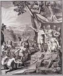 Den første inkaen Manco Capac og dronning Coya Mama Oello Huaco hans kone, begge solens barn, samler villmennene - i "" Historisk reise til Sør-Amerika utført på ordre fra kongen av Spania"" av Don Georges Juan & Don Antoine de Ulloa, T.II, utg. Jombert,