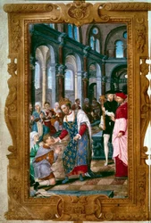 «Kongen berører deg, Gud helbreder deg.» Kong Henrik II (1519-1559), undergjøreren, helbreder en person som lider av skrofulose i klosteret Saint-Marcoul, like etter kroningsseremonien i Reims. Ved siden av ham står erkebiskopen av Reims. Miniatyr fra