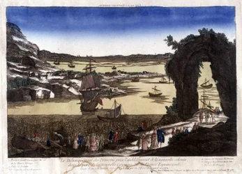 Franskmennenes landing for etableringen av den nye kolonien i havnen Nouvelle Cayenne (eller France Equinoxiale)