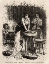 Produksjon av maisbrød, grunnlaget for mat, av kvinner i Great Cauca Valley (Colombia). Gravering for å illustrere reisen til New Granada, av Dr. Saffray, i 1869, publisert i "" Le tour du monde""" 1873, redigert av Edouard Charton, utgave Hachet