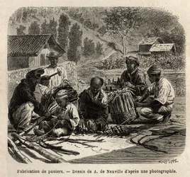 Produksjon av palmebladskurver, for innsamling av kaffe. Gravering for å illustrere reisen til Brasil, historie av M. og Mme Agassiz, i 1865-1866, publisert i "Le tour du monde, nouveau journal des voyages", under ledelse av Edouard Charto