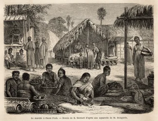 Markedet i Phnom Penh, hvor malaysiske butikkeiere og kinesiske handelsmenn tilbyr et bredt spekter av forbruker- og produksjonsprodukter. Gravering for å illustrere utforskningsreisen i Indokina, av Francis Garnier, løytnant de Vaissseau, i 1866-1868,