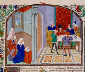 Miniatyrspillet fra manuskriptet "" Commentary on Ethics"" av den greske filosofen Aristoteles (383-322 f.Kr.) oversatt av Nicolas Oresme (1325-1382)