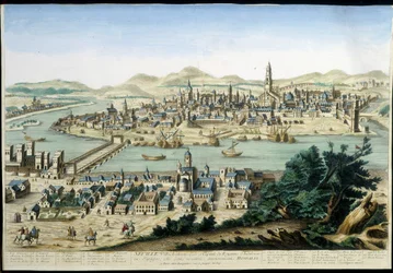 Havnen og byen Sevilla - gravering fra 1700-tallet.